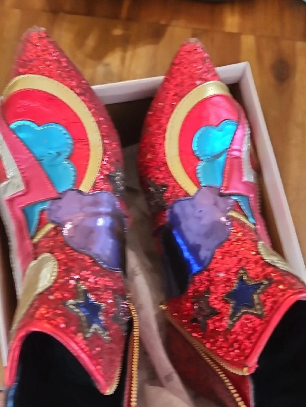 Women's Red Glitter Star & Cloud Ankle Boots With Original Box - Picture 16 of 16